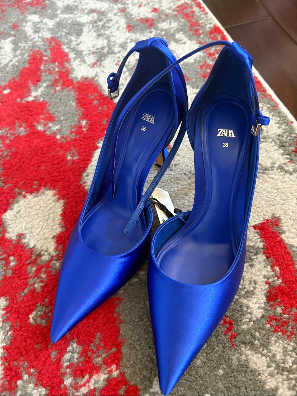 ZARA Electric Royal Blue Pointed Satin Ankle-Strap Heels